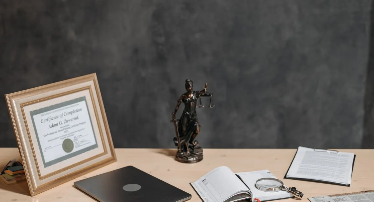 A lawyer's desk featuring a justice statue, diploma, laptop, magnifying glass, and documents.