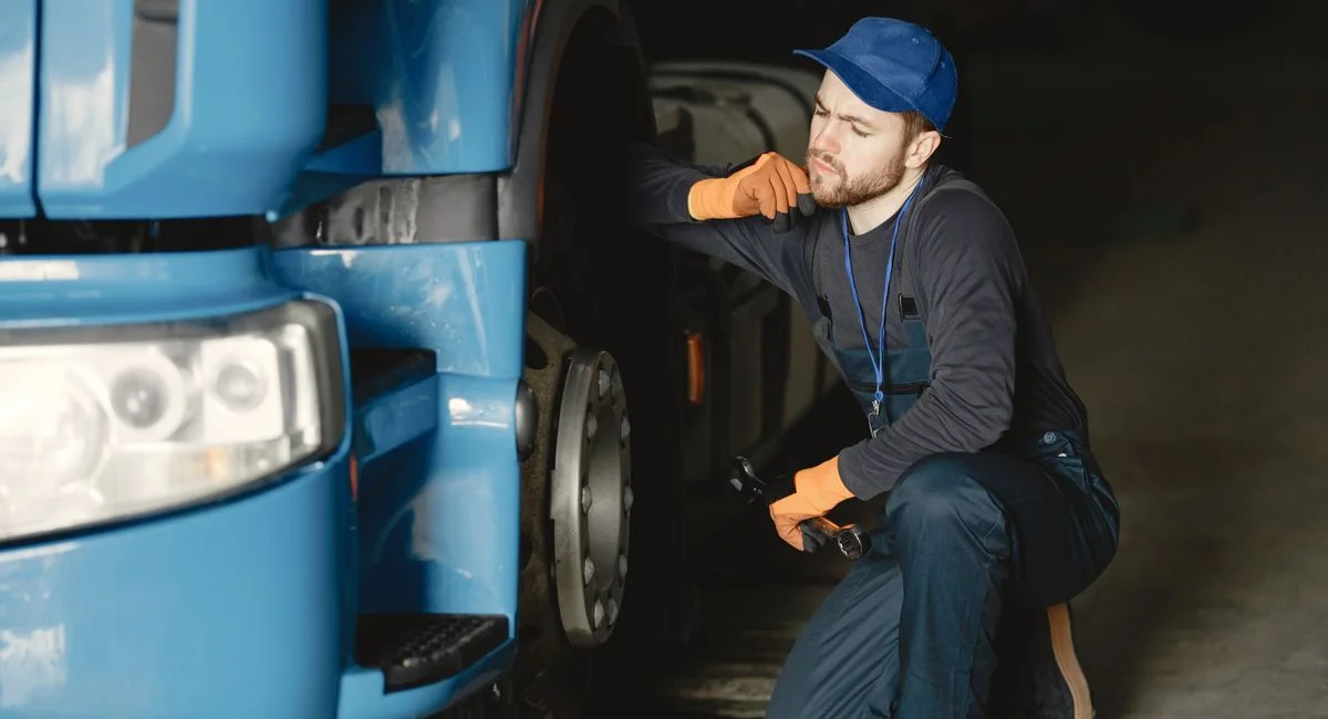 Pensive mechanic examining a truck wheel for maintenance in an indoor garage setting.