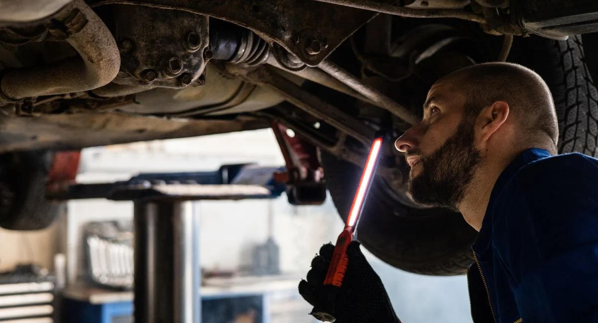 Mechanic using light to inspect vehicle undercarriage in workshop for maintenance.