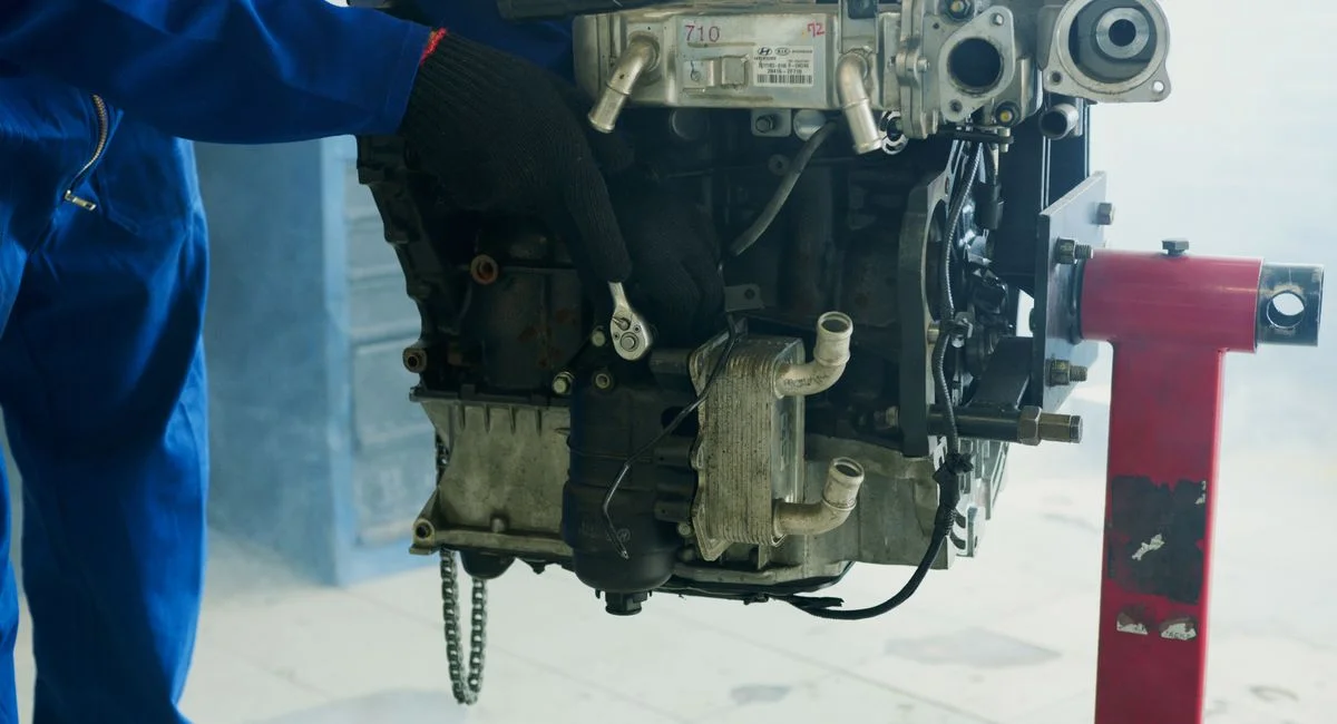 Mechanic wearing gloves uses a wrench to fix a car engine in a workshop.