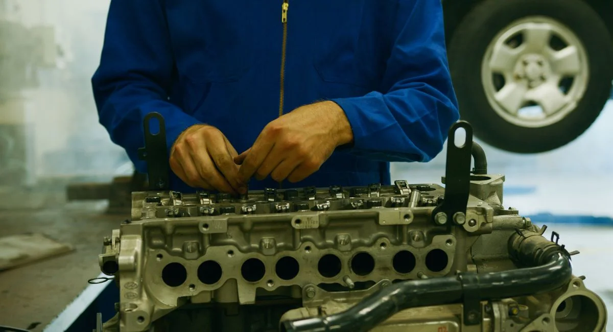 Close-up of a mechanic repairing an engine in a garage setting.