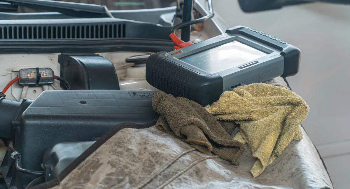 Close-up of car diagnostics tool on engine in a garage setting.