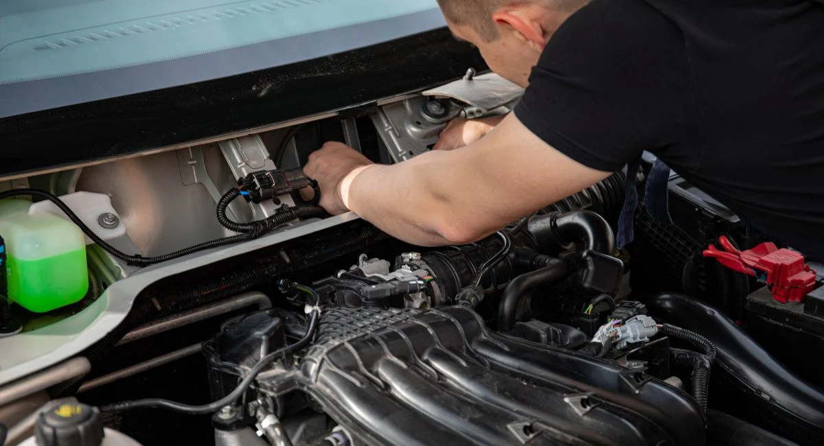 Mechanic fixing a car engine under the hood showing detailed components.