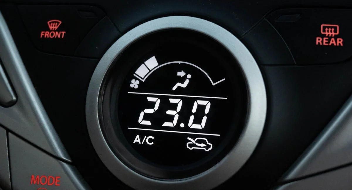 Close-up view of a car climate control system set to 23 degrees Celsius.