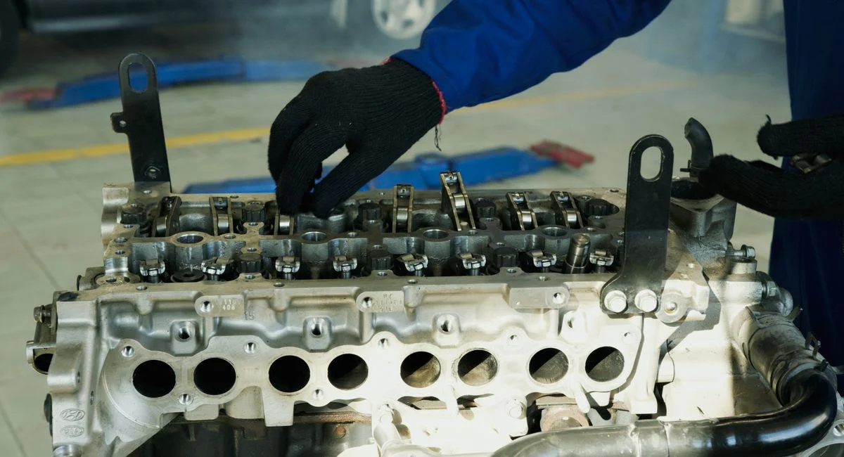 Close-up of a mechanic inspecting an engine for maintenance and repair in a workshop.