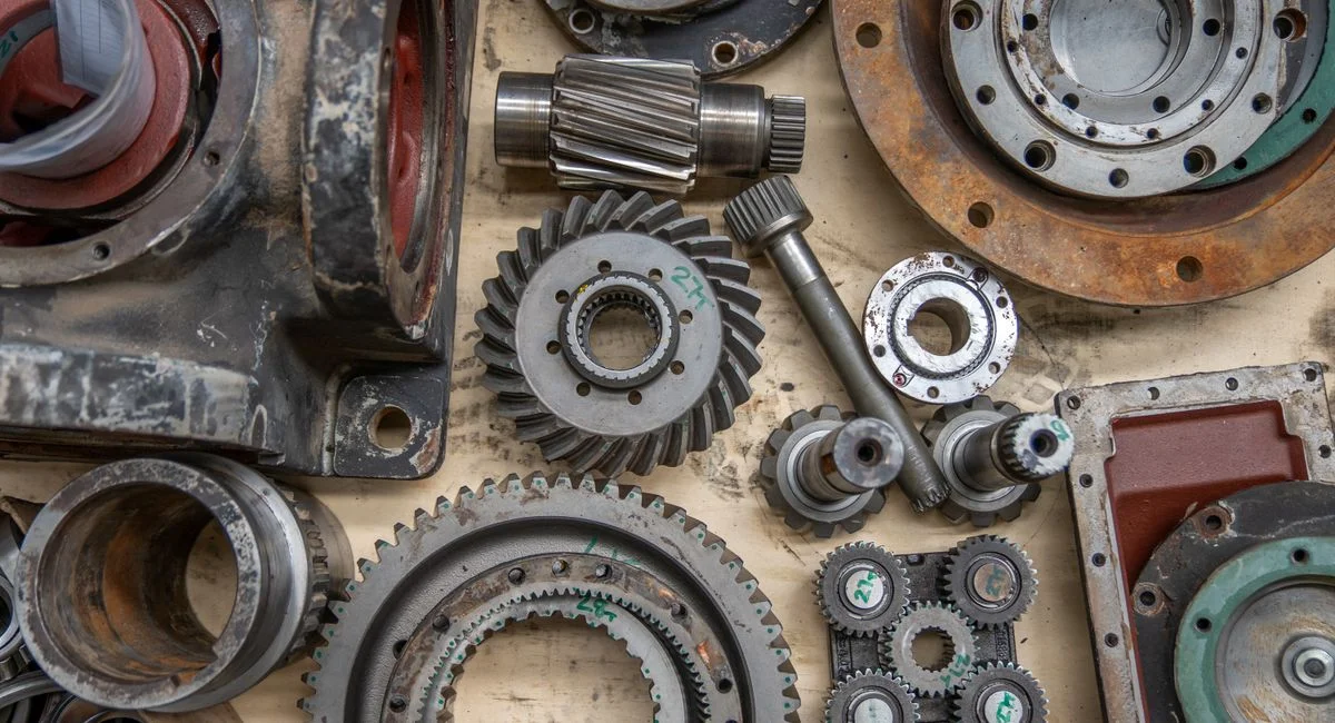 Detailed shot of industrial gears and mechanical parts in a workshop setting.